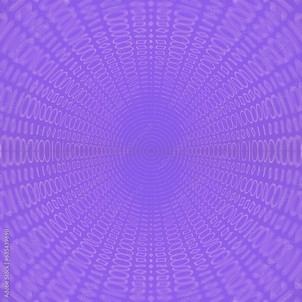 Poster Spiral diverging wave of planar circles and squares on purple background. 3d rendering digital illustration