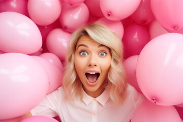 Portrait of wow surprised excited amazed woman with open mouth and round big eyes on pink helium balloons background - obrazy, fototapety, plakaty