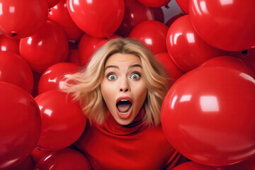 Portrait of wow shocked excited amazed woman with open mouth and round big eyes on red helium balloons background