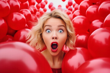 Portrait of wow shocked excited amazed woman with open mouth and round big eyes on red helium balloons background