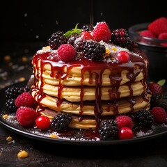 Homemade Pancake with raspberries on a gray background. Generative AI