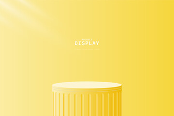 Modern 3D yellow cylinder podium pedestal realistic in clean studio room with light. Minimal wall scene. Platform for show cosmetics or product display presentation. Abstract 3d vector rendering.