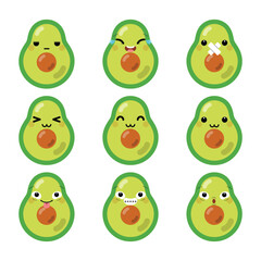 Set of cute cartoon avocado emoji set isolated on white background. Vector Illustration.