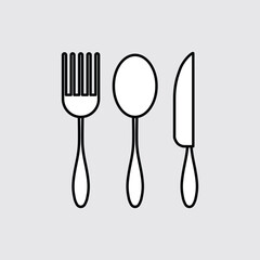 Spoon, fork and knife linear icon or sign. Cutlery symbol. Flat design style. Vector illustration.