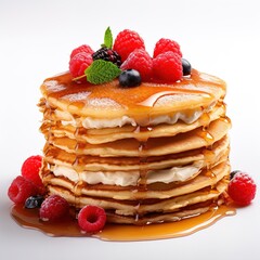 Homemade Pancake with raspberries on a white background. Generative AI