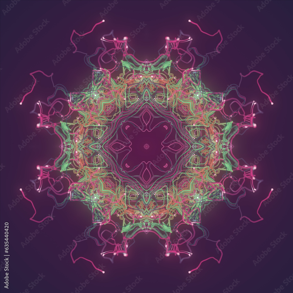 Poster Kaleidoscopic curled pattern of interlaced multi colored thin lines. 3d rendering background. Digital illustration
