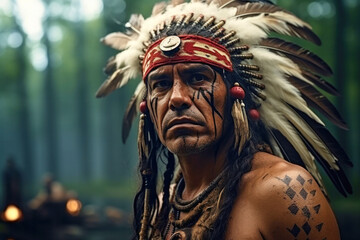Portrait of adult serious indigenous man from the Amazon with ritual paintings on face and wearing headdresses feathers looking at the camera