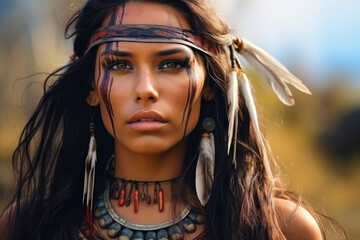 Portrait of beautiful indigenous woman from the Amazon with ritual paintings on face and wearing headdresses feathers looking at the camera - obrazy, fototapety, plakaty