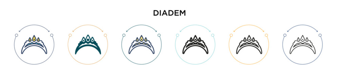 Diadem icon in filled, thin line, outline and stroke style. Vector illustration of two colored and black diadem vector icons designs can be used for mobile, ui, web