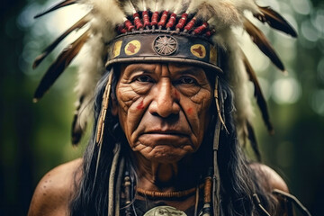 Obraz premium Portrait of elder serious wrinkled indigenous man from the Amazon with ritual paintings on face and wearing headdresses feathers looking at the camera