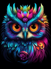 t-shirt design, colorful owl with big black eyes. AI Generated Images