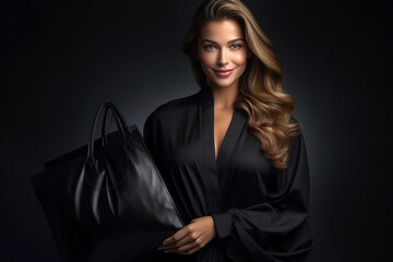 Beautiful smiling elegance brunette woman with long smooth hair holds in her hand paper shopping bag on a black background