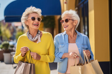 Portrait of two satisfied laughing excited fashionable stylish mature female friends wearing sunglasses with paper shopping bags outdoors