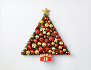 Christmas ornaments and gift boxes laid out in the shape of a Christmas tree, overhead view. White background.  Created using Generative AI.
