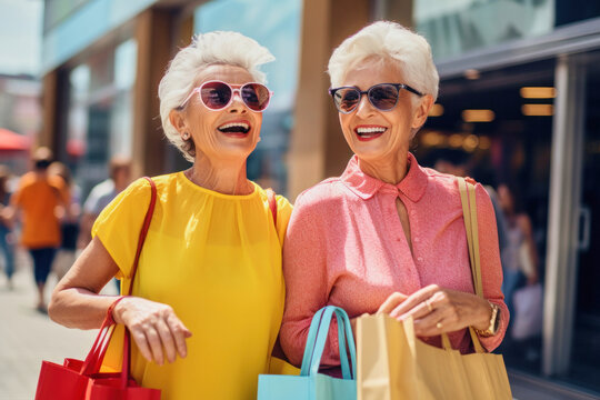 Portrait of two satisfied laughing excited fashionable stylish mature female friends wearing sunglasses with paper shopping bags outdoors