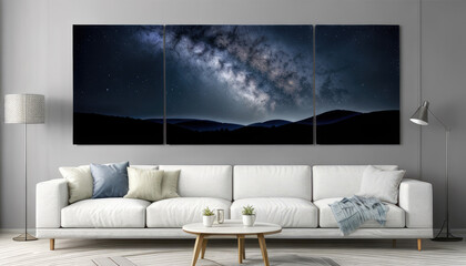 Milky Way galaxy wall decor above sofa in living room