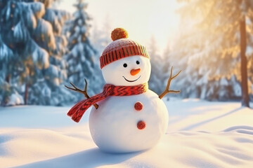 Merry christmas and happy new year greeting card with smiling joyful snowman on winter background
