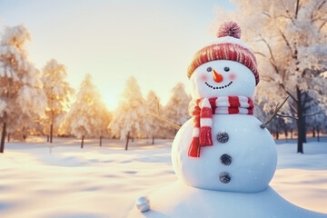 Obraz premium Merry christmas and happy new year greeting card with smiling joyful snowman on winter background with copy space