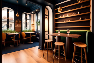 a restaurant with wooden tables and green chairs, inside a french cafe, restaurant interior photography, an illustration of a bar/lounge, very smoky paris bar, splendid haussmann architecture,