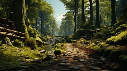 Forest scene with hiking track and many trees.