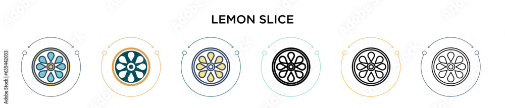 Poster lemon slice icon in filled, thin line, outline and stroke style. vector illustration of two colored 