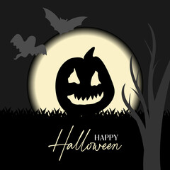 Vector happy halloween pumpkin with moon and bats