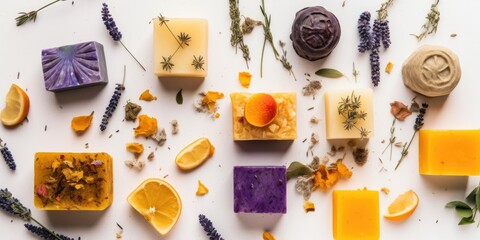 Natural flower soap of different colors and shapes on a white background.