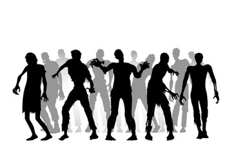 Silhouette zombie big group standing on white background. Illustration about the bloody monsters crowd form virus outbreak.
