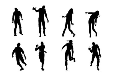 Silhouette zombie in many postures as standing, walking, run, hunting, reaching hand. illustration about the undead people from virus outbreak.