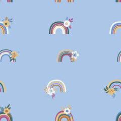 Trendy seamless pattern with colorful rainbow on color background. Design for invitation, poster, card, fabric, textile, fabric. Cute holiday illustration for baby. Scandinavian doodle style