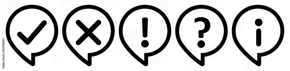 Aufkleber outline thinking circle icon set- check mark, cross, x mark, exclamation point, question mark and in