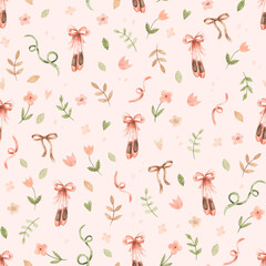Pattern with ballerina's pointe shoes on pink background. Watercolor hand-drawn seamless texture with ballet dancers' shoes, flowers and ribbons.