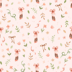 Pattern with ballerina's pointe shoes on pink background. Watercolor hand-drawn seamless texture with ballet dancers' shoes, flowers and ribbons. © Katerina Koniukhova