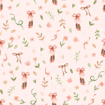 Pattern with ballerina's pointe shoes on pink background. Watercolor hand-drawn seamless texture with ballet dancers' shoes, flowers and ribbons.