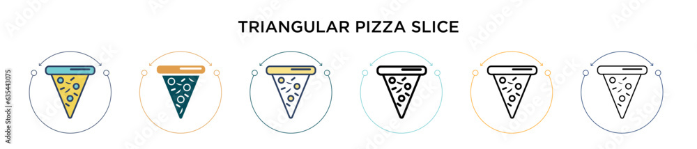 Poster triangular pizza slice icon in filled, thin line, outline and stroke style. vector illustration of t