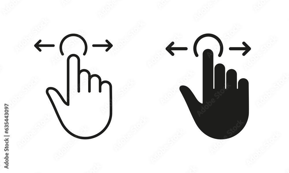 Poster swipe gesture to right and left, hand cursor of computer mouse line and silhouette black icon set. p