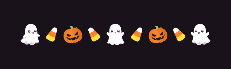 Separator Border illustration line of cute ghost, jack o lanterns, trick or treat icon pattern for Halloween day concept of autumn season