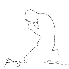 Man praying on knees silhouette vector illustration. Line art of a man praying to God with a single line. Christian picture.