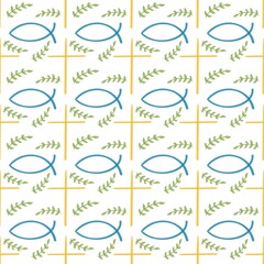 Christian picture on the theme of crista. Pattern of crosses and fish in delicate blue yellow and green shades, cross, religion, baptism. fish cross and sprig
