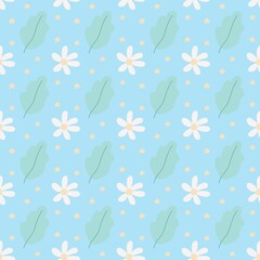 Daisy pattern and leaves for fabric pattern, cards, gifts, children's pattern for toy clothes, daisy pattern on blue background lekgy spring design