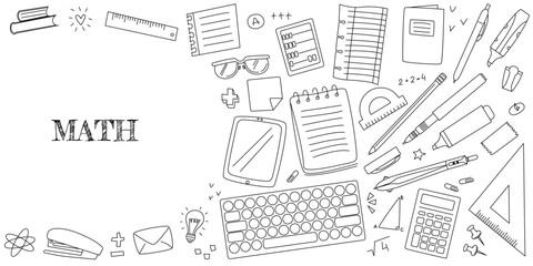 Lettering Math surrounded by frame from stationery items. White board with stationery in doodle style. Vector illustration with editable stroke. Banner for school, university college