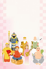 2024年辰年の和風年賀状、七福神と市松模様の和柄背景