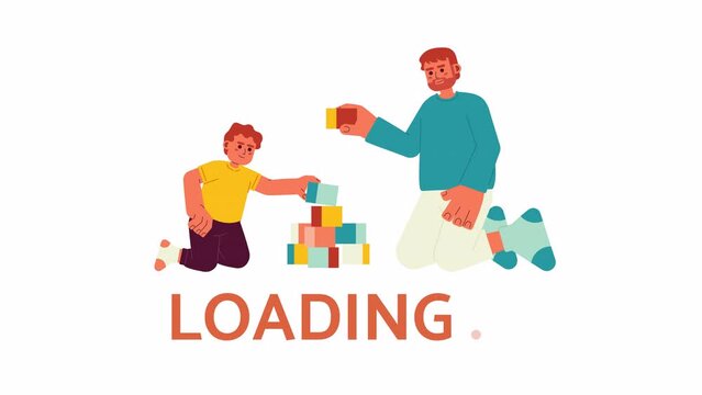 Father son playing 2D loading animation. Toddler boy building wooden blocks with dad animated cartoon characters 4K video loader motion graphic. Man playing with kid download, upload progress gif