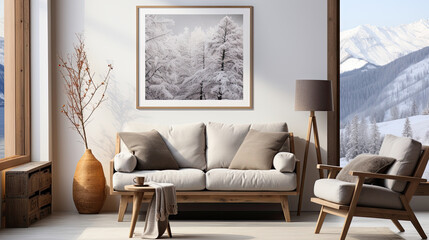 Interior design of a modern living room. White sofa and armchairs, frames on a gray stone wall. Generative AI