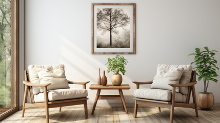 Interior design of a modern living room. White armchairs, frames on a gray wall. Generative AI