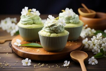 Matcha cupcakes with jasmine flowers and matcha, Generative Ai