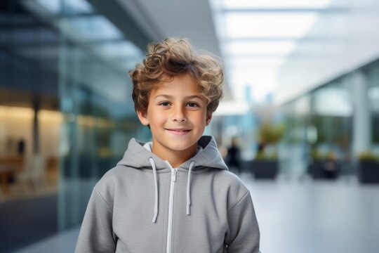 portrait of smiling little boy in hoodie in corridor of school