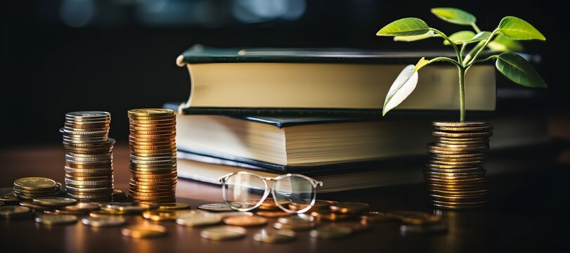 Small tree growing with Stacking coins and Books, representing the concepts of education, money-saving, finance, investment, Capital growth, investment, saving money, economy