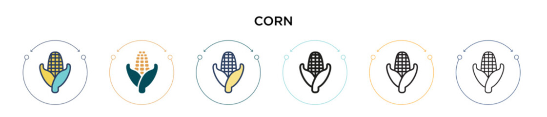 Corn icon in filled, thin line, outline and stroke style. Vector illustration of two colored and black corn vector icons designs can be used for mobile, ui, web
