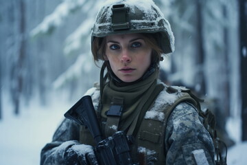 Determined female soldier with long tail walking on snowy field in winter camouflage uniform